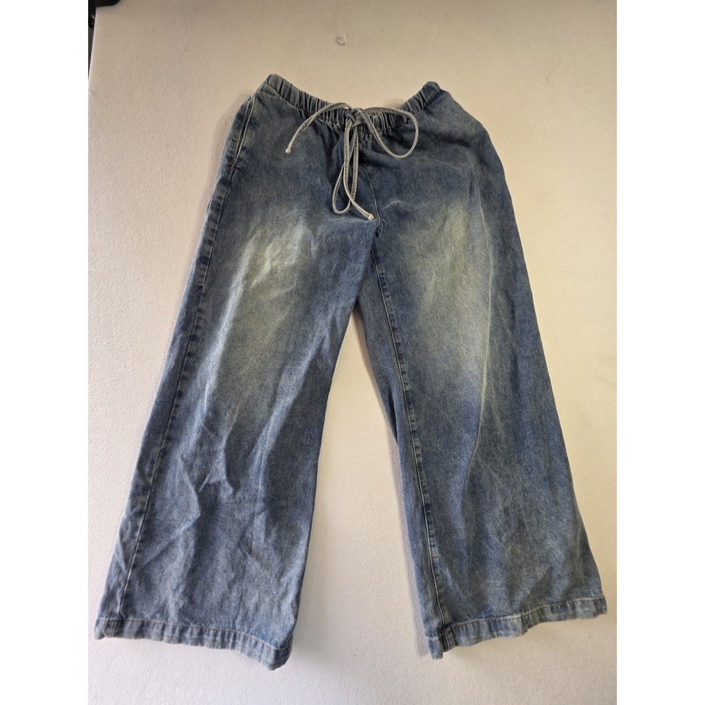 MUSERA Women's Wide Leg Drawstring Denim Jeans Size L Blue Pull On Pants NWT